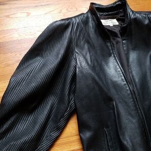 VINTAGE Black Leather Jacket w/Pleated Puff Sleeve